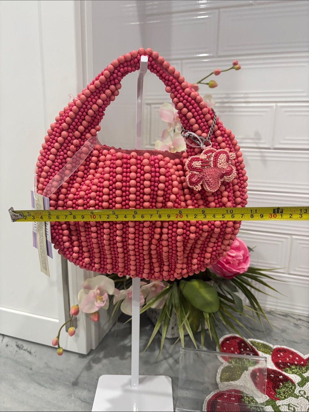 Viral hand beaded bag Handcrafted Pink Bag with Floral Charm - Picture 10 of 12